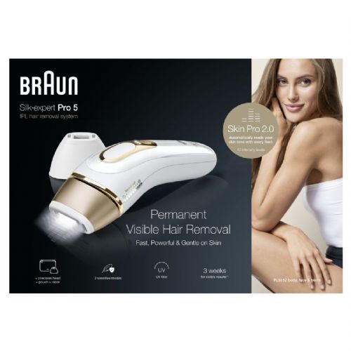 IPL aparat za odstranjevanje dlak Braun Silk-expert Pro PL5152 (bel/zlati, vključno z vrečko + standardnim in širokim nastavkom + britvico Venus)