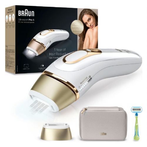 IPL - Braun Silk-expert Pro PL5052 permanent hair removal device, IPL technology, 10 intensity settings, 400,000 light pulses, skin contact sensor, white/gold, includes bag and Venus razor