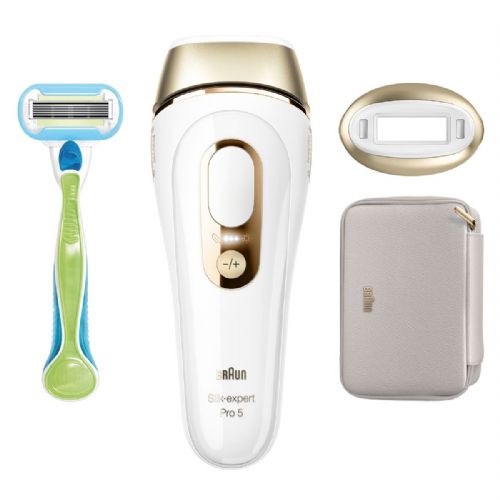 IPL - Braun Silk-expert Pro PL5052 permanent hair removal device, IPL technology, 10 intensity settings, 400,000 light pulses, skin contact sensor, white/gold, includes bag and Venus razor