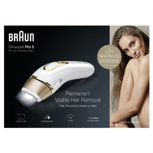 IPL - Braun Silk-expert Pro PL5052 permanent hair removal device, IPL technology, 10 intensity settings, 400,000 light pulses, skin contact sensor, white/gold, includes bag and Venus razor