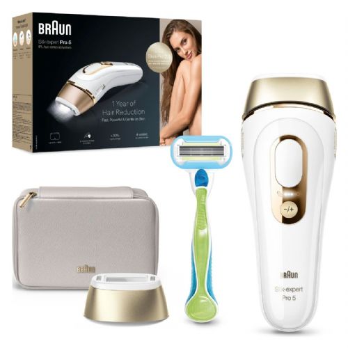 IPL - Braun Silk-expert Pro PL5052 permanent hair removal device, IPL technology, 10 intensity settings, 400,000 light pulses, skin contact sensor, white/gold, includes bag and Venus razor