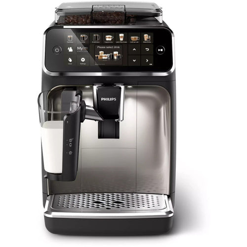 Philips EP5447/90 coffee machine, automatic, coffee grinder, milk container, adjustable intensity, for coffee beans, black and silver