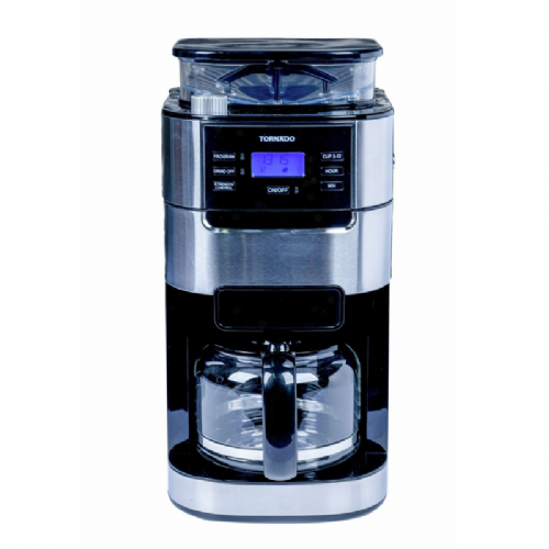 Tornado TCM1025A-GS coffee machine, conical grinder, 1.5 L, 12 cups, steel and plastic, digital clock