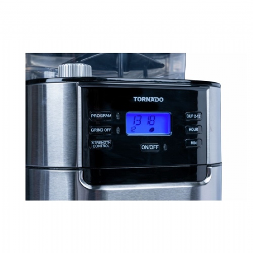 Tornado TCM1025A-GS coffee machine, conical grinder, 1.5 L, 12 cups, steel and plastic, digital clock