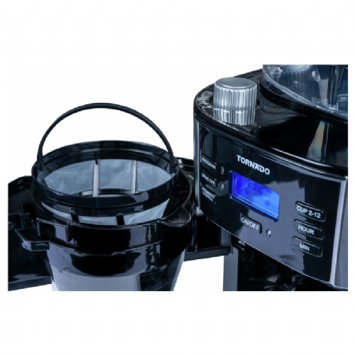Tornado TCM1025A-GS coffee machine, conical grinder, 1.5 L, 12 cups, steel and plastic, digital clock