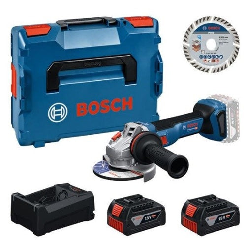 Bosch angle grinder tool set, 18 V cordless angle grinder with two 5.0 amp batteries and 125 mm cutting disc in L-BOXX (in box)