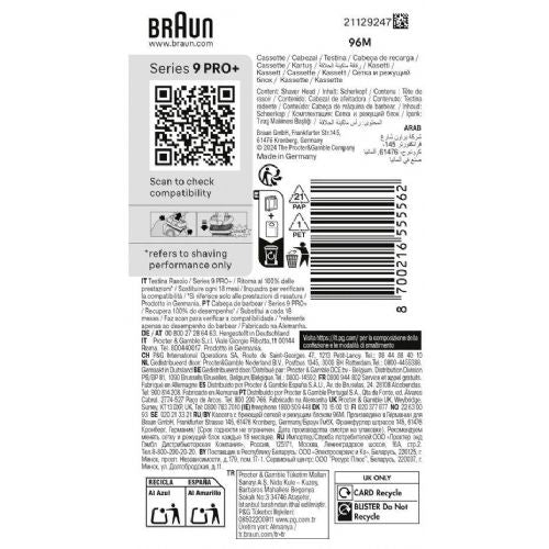 Braun 96M shaving head set, silver replacement head for Series 9, foil and blades, easy to change, for sensitive skin