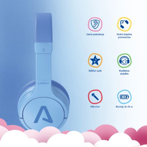 Slušalke LAMAX BaseKid1, Bluetooth 5.3, 35 h baterija, omejitev glasnosti 85/94 dB, modre