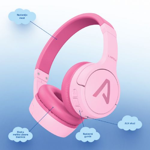 Slušalke LAMAX BaseKid1, Bluetooth 5.3, 35 h baterija, omejitev glasnosti 85/94 dB, roza