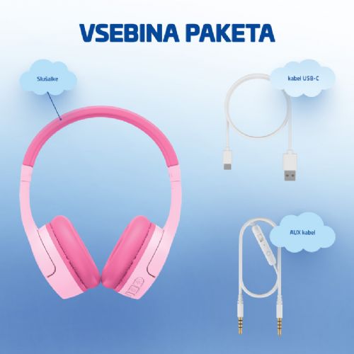 Slušalke LAMAX BaseKid1, Bluetooth 5.3, 35 h baterija, omejitev glasnosti 85/94 dB, roza