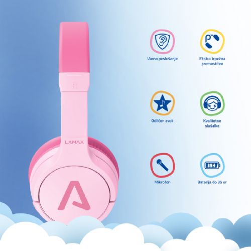 LAMAX BaseKid1 headphones, Bluetooth 5.3, 35 h battery, volume limit 85/94 dB, pink