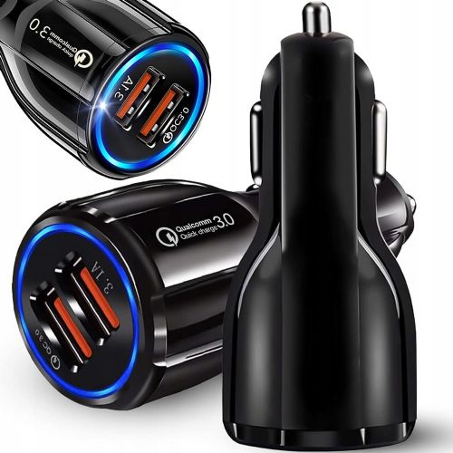 USB car charger Verk Group, 2 × USB-A QC 3.0, 3.1 A, LED lighting, black
