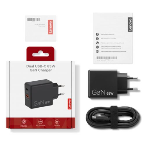 LENOVO Dual USB-C 65W GaN black fast charger G0A6065BEU