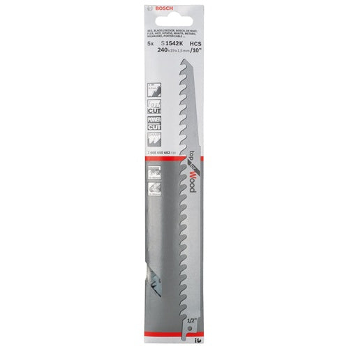Bosch S 1542 K sabre saw blade, for rough wood, length 240 mm, HCS carbon steel, 5 pieces