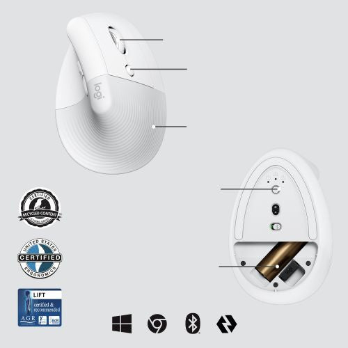 Miška, vertikalna Logitech Lift for Business, ergonomska, 6 gumbov, brezžični Bluetooth 2,4 GHz Bolt USB sprejemnik, umazano bel