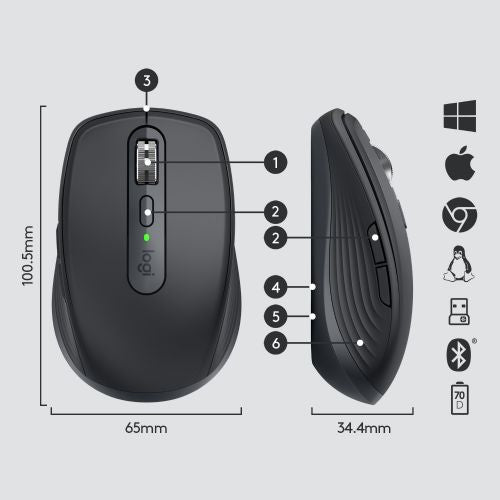 Kabel Logitech MX Anywhere 3 + Bluetooth 4000DPI grafit
