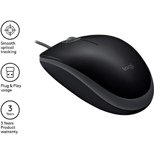 Logitech B110 Silent wired mouse, USB, silent clicks, 1000 dpi, black
