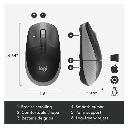 Logitech M190 wireless mouse, ergonomic, 1000 dpi, right-handed, black/graphite