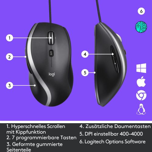 Miška Logitech M500s Corded, 4000 dpi, žična, črna