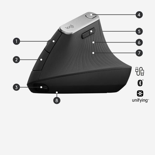 Miška Logitech MX Vertical, 2,4 GHz Unifying, Bluetooth, združljiva z računalnikom PC/Mac/iPadOS, črno-srebrna