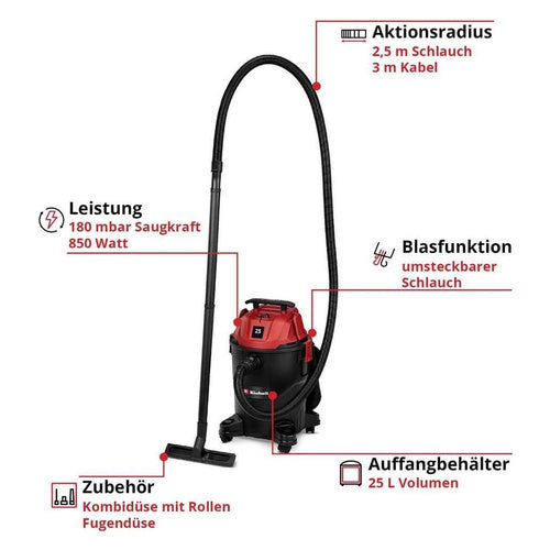 Einhell TC-VC 2555 wet-dry vacuum cleaner, 850 W, 25 l, blowing function, 3 m cable, black/red