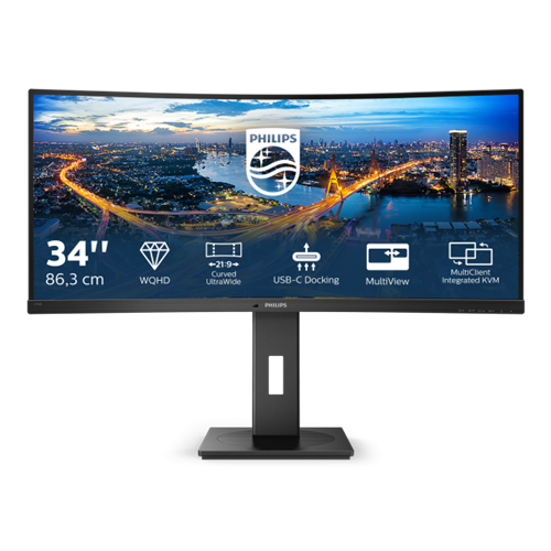 Monitor Philips B Line 346B1C 86,4 cm (34"), 3440x1440 (QHD), IPS, 300cd/m2, 21:9 ukrivljen 5ms 100Hz HDMI DP USB-C 90W, zvočnik