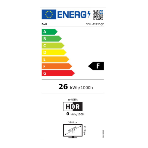 Monitor Dell P2723QE, 68,6 cm (27''), 4K UHD (3840 x 2160), 16 : 9, 5 ms, IPS, HDMI, DisplayPort, USB-C, pivot, črno-srebrn