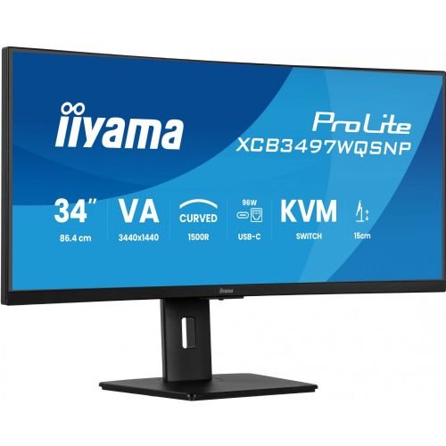 Iiyama ProLite XCB3497WQSNP-B1 Monitor 86.4 cm (34"), WQHD, VA, curved, Adaptive-Sync, USB-C, USB hub, 120Hz display, black