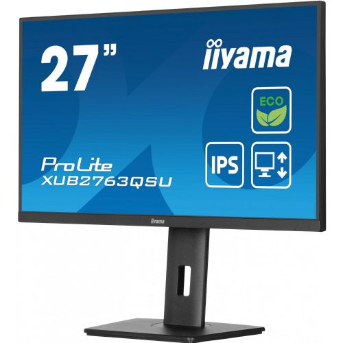 Monitor Iiyama ProLite XUB2763QSU-B1, 68,6 cm (27"), 2560 x 1440 (QHD), 16 : 9, IPS, 350 cd/m2, 2 ms, 100 Hz, HDMI, DP, USB, zvočnik, pivot, črna