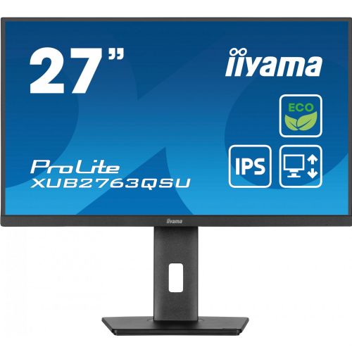 Monitor Iiyama ProLite XUB2763QSU-B1, 68,6 cm (27"), 2560 x 1440 (QHD), 16 : 9, IPS, 350 cd/m2, 2 ms, 100 Hz, HDMI, DP, USB, zvočnik, pivot, črna