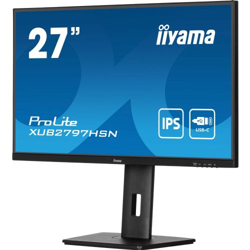 Monitor Iiyama ProLite XUB2797HSN-B2, 68,6 cm (27"), 1920 x 1080 (FHD), IPS, 300 cd/m2, 16 : 9, 1 ms, 100 Hz, HDMI, DP, USB-C (65 W), zvočnik, pivot, črna