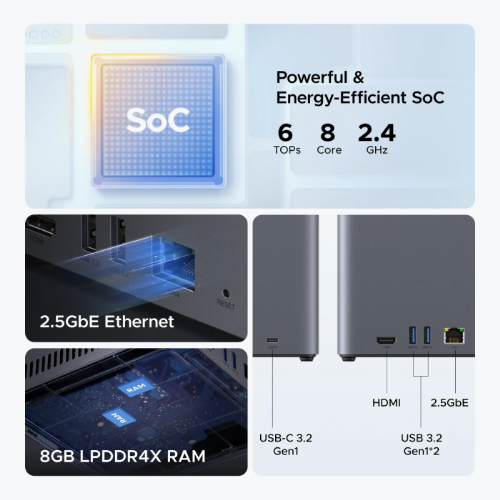 NAS sistem Ugreen DH4300 Plus 8 jeder, 8 GB RAM, 4x 2,5"/3,5" reže, do 120 TB, črna