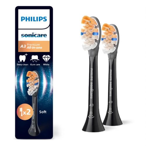 Philips Sonicare A3 Premium All-in-One HX9092/88 electric toothbrush head, 2 pieces, medium hard triangular bristles, BrushSync, black