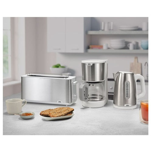 Opekač kruha Braun Long Slot Toaster PurShine HT 1610 WH (nerjaveče jeklo/bela barva, 1030 W, za 2 rezini toasta)