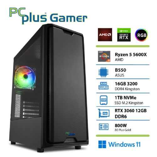 PCPLUS Gamer Ryzen 5 5600X 16GB 1TB SSD GeForce RTX 3060 12GB Windows 11 Home + Xbox GP gaming namizni računalnik