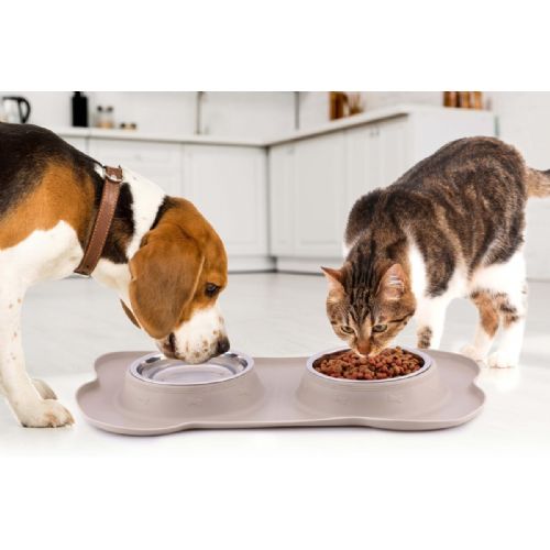 Double bowl with liner for animals Pet Treatment, 2x 400ml, for food / water, stainless steel, silicone / rubber, 46x27x4cm, gray, silver