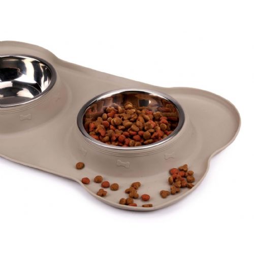 Double bowl with liner for animals Pet Treatment, 2x 400ml, for food / water, stainless steel, silicone / rubber, 46x27x4cm, gray, silver