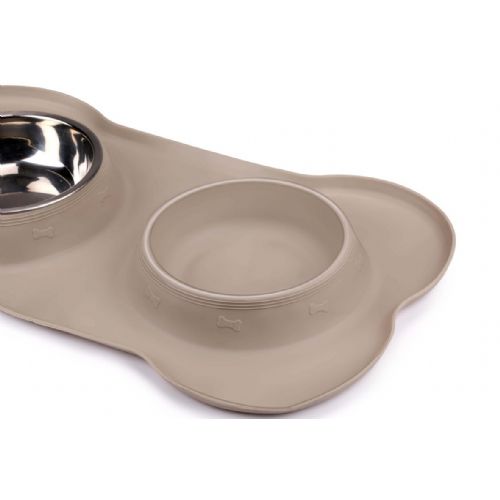 Double bowl with liner for animals Pet Treatment, 2x 400ml, for food / water, stainless steel, silicone / rubber, 46x27x4cm, gray, silver