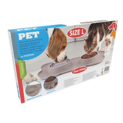 Double bowl with liner for animals Pet Treatment, 2x 400ml, for food / water, stainless steel, silicone / rubber, 46x27x4cm, gray, silver