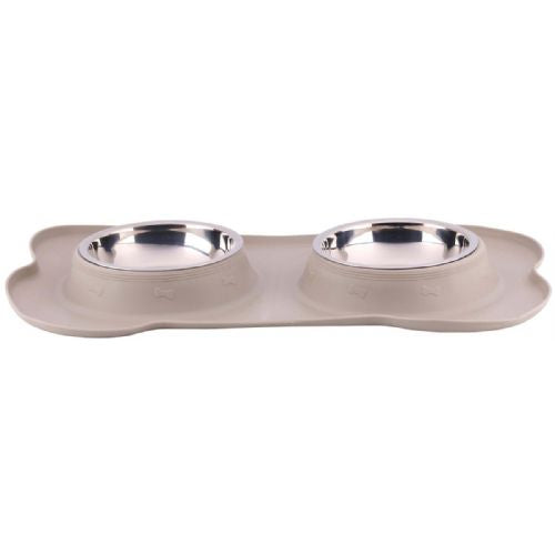 Double bowl with liner for animals Pet Treatment, 2x 400ml, for food / water, stainless steel, silicone / rubber, 46x27x4cm, gray, silver
