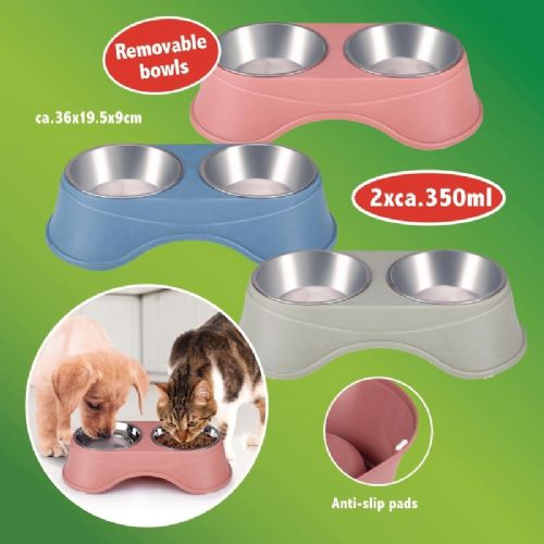Double bowl with stand for animals Pet Treatment, 2x 350ml, for food / water, stainless steel, 36x19.5x9cm, gray, blue, pink