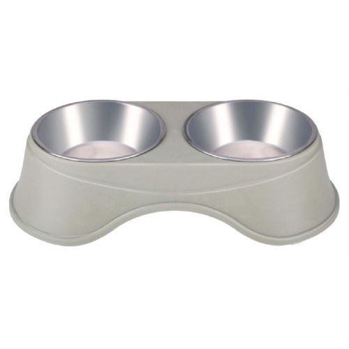 Double bowl with stand for animals Pet Treatment, 2x 350ml, for food / water, stainless steel, 36x19.5x9cm, gray, blue, pink