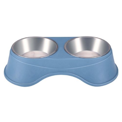 Double bowl with stand for animals Pet Treatment, 2x 350ml, for food / water, stainless steel, 36x19.5x9cm, gray, blue, pink