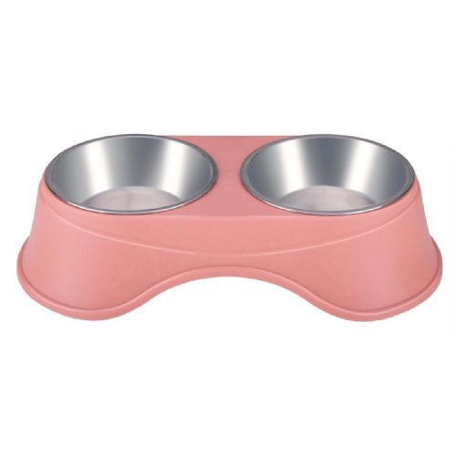 Double bowl with stand for animals Pet Treatment, 2x 350ml, for food / water, stainless steel, 36x19.5x9cm, gray, blue, pink