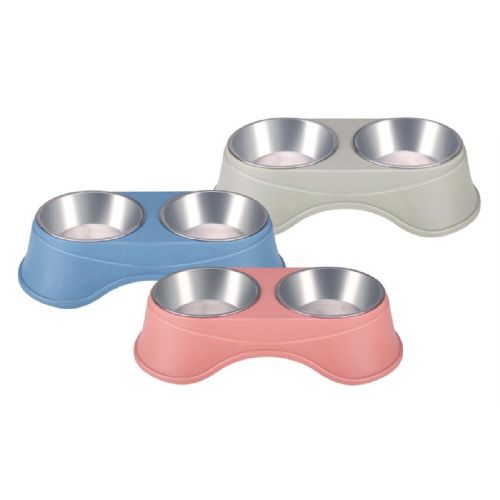 Double bowl with stand for animals Pet Treatment, 2x 350ml, for food / water, stainless steel, 36x19.5x9cm, gray, blue, pink