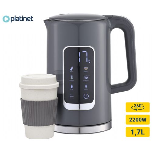 PLATINET PEKR723 kettle, 1.7L, 2200W, digital display, 5 levels, Keep Warm function, safety protection, automatic shut-off, 360° base, +FREE cup, gray