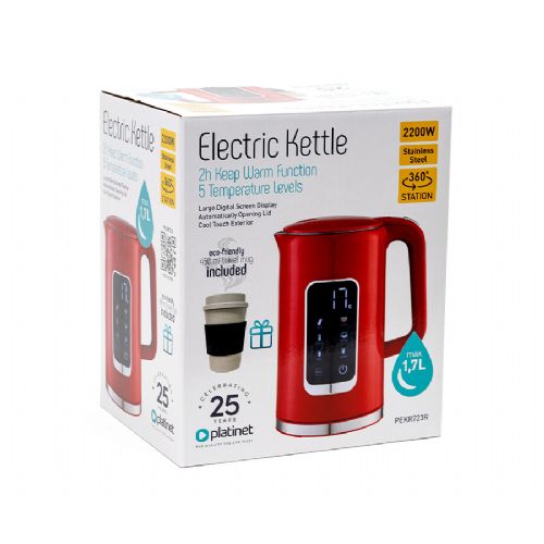 PLATINET PEKR723 kettle, 1.7L, 2200W, digital display, 5 levels, Keep Warm function, safety protection, automatic shut-off, 360° base, +FREE cup, red