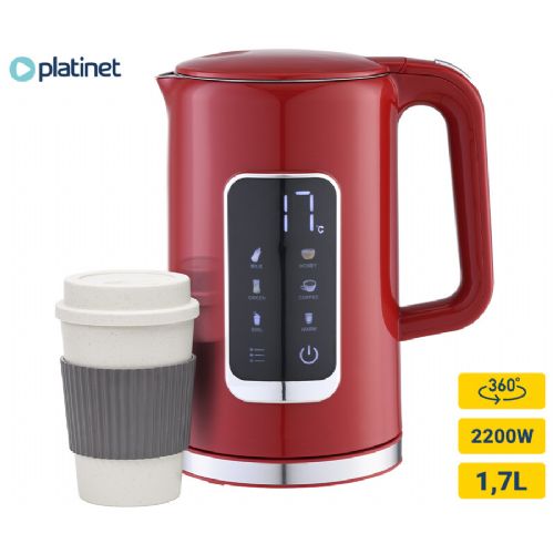 PLATINET PEKR723 kettle, 1.7L, 2200W, digital display, 5 levels, Keep Warm function, safety protection, automatic shut-off, 360° base, +FREE cup, red