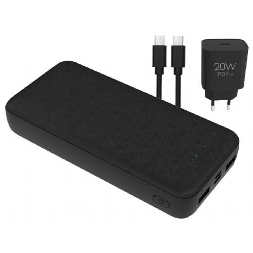 Powerbank Platinet PMPB20SET 3in1 set rechargeable battery, +adapter 20W, +cable 100cm, 20,000mAh, Power Delivery, 2x USB Type-A, 1x USB Type-C, 1x microUSB, LED indicators, black