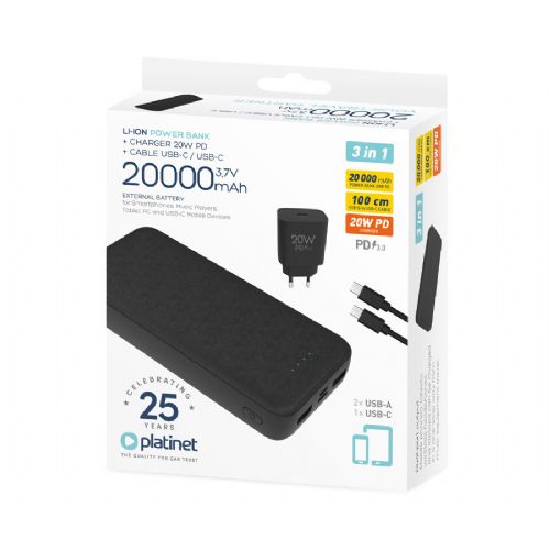 Powerbank Platinet PMPB20SET 3in1 set rechargeable battery, +adapter 20W, +cable 100cm, 20,000mAh, Power Delivery, 2x USB Type-A, 1x USB Type-C, 1x microUSB, LED indicators, black